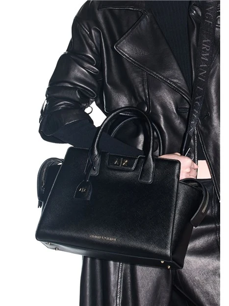 BORSA SHOPPING EFFETTO SAFFIANO CON TRACOLLA LOGATA DONNA NERO