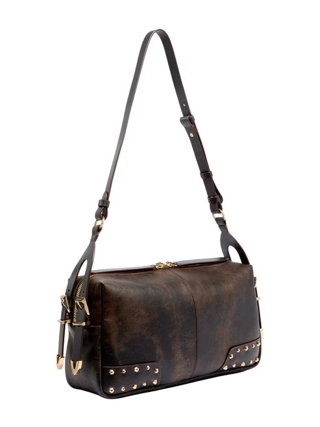 BORSA A MANO IN PELLE CON BORCHIE E TRACOLLA DONNA MARRONE SCURO