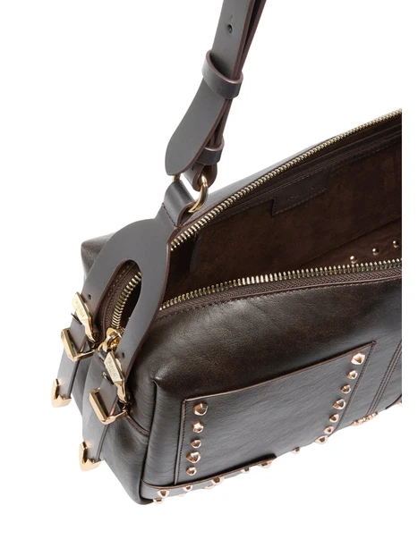 BORSA A MANO IN PELLE CON BORCHIE E TRACOLLA DONNA MARRONE SCURO