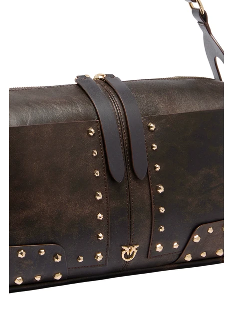 BORSA A MANO IN PELLE CON BORCHIE E TRACOLLA DONNA MARRONE SCURO
