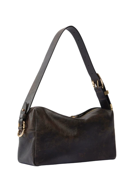 BORSA A SPALLA IN PELLE EFFETTO VISSUTO CON ZIP DONNA MARRONE SCURO