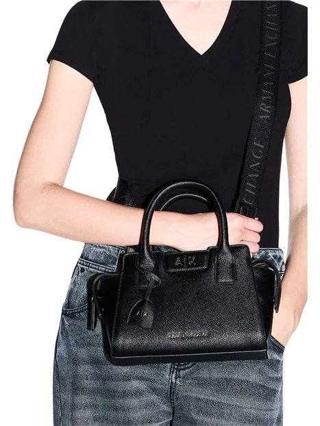 SHOPPING BAG COMPATTA EFFETTO SAFFIANO CON TRACOLLA DONNA NERO