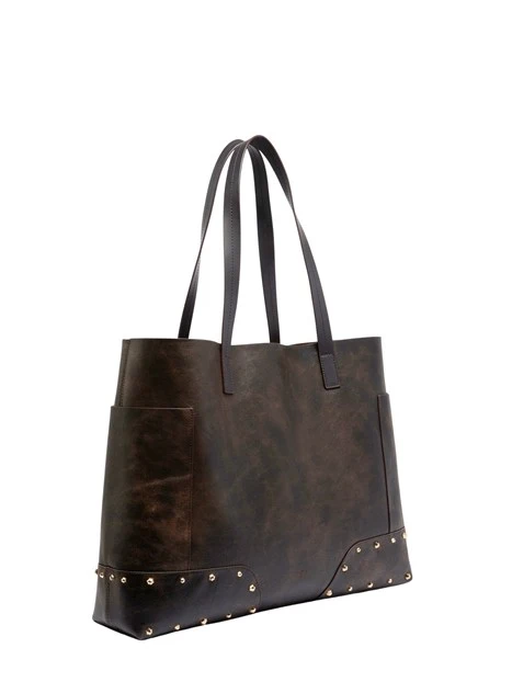 BORSA SHOPPING IN PELLE CON BORCHIE DONNA MARRONE SCURO