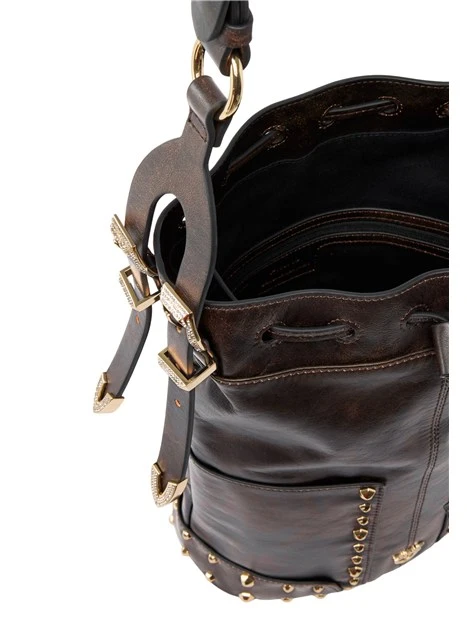 BORSA A TRACOLLA MINI IN PELLE CON BORCHIE DONNA MARRONE