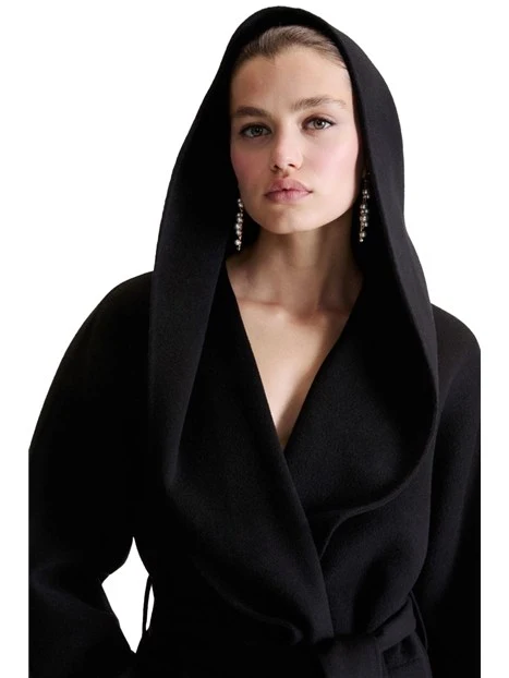 CAPPOTTO LUNGO IN PURA LANA VERGINE CON CINTURA E COLLO A SCIALLE DONNA NERO