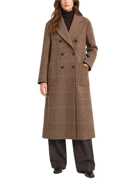 CAPPOTTO LUNGO DOPPIOPETTO IN MISTO LANA CHECK DONNA MARRONE