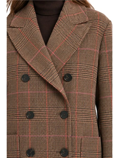 CAPPOTTO LUNGO DOPPIOPETTO IN MISTO LANA CHECK DONNA MARRONE