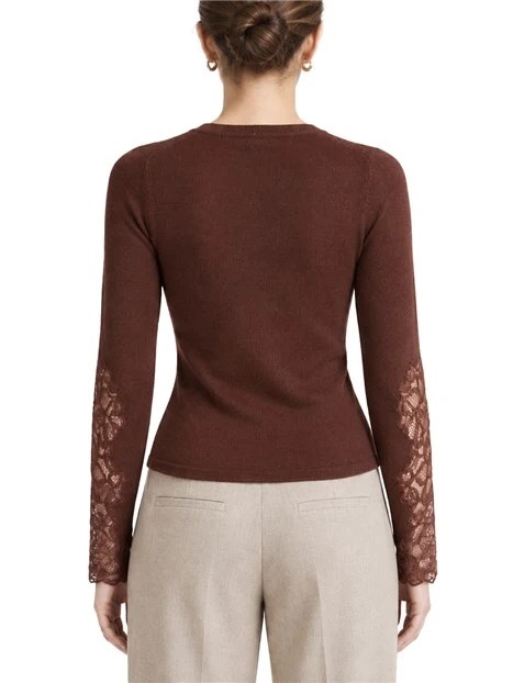 CARDIGAN IN MISTO LANA CON INSERTI IN PIZZO DONNA MARRONE