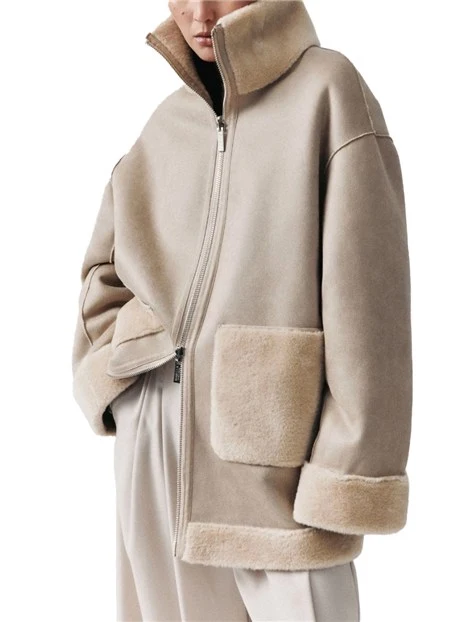 CAPPOTTO CORTO REVERSIBILE  FURRY E JERSEY VELLUTATO DONNA BEIGE