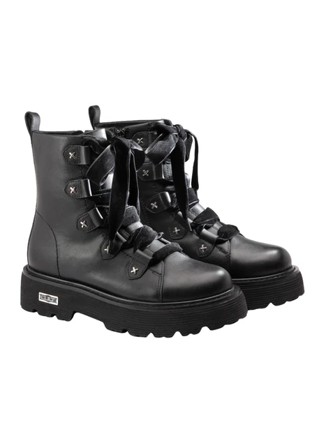 ANFIBI IN PELLE CON LACCI IN VELLUTO E DETTAGLI ARGENTO DONNA NERO