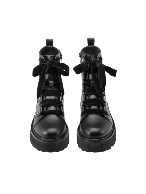 ANFIBI IN PELLE CON LACCI IN VELLUTO E DETTAGLI ARGENTO DONNA NERO