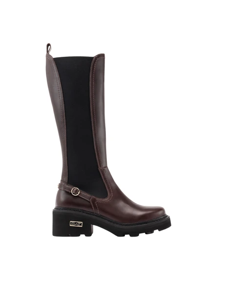 STIVALI TACCO ALTO IN PELLE CON INSERTO ELASTICO E CINTURINO DONNA MARRONE