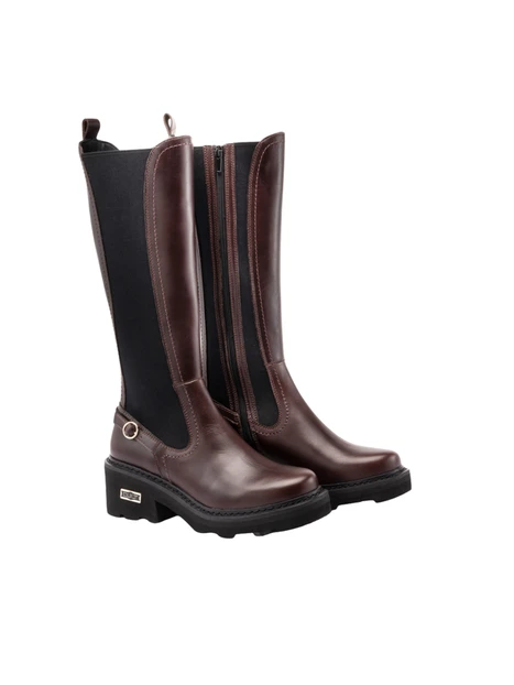 STIVALI TACCO ALTO IN PELLE CON INSERTO ELASTICO E CINTURINO DONNA MARRONE