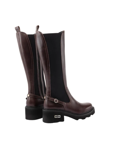 STIVALI TACCO ALTO IN PELLE CON INSERTO ELASTICO E CINTURINO DONNA MARRONE