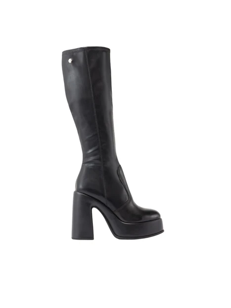 STIVALI TACCO ALTO PLATFORM IN PELLE CON TACCO LARGO DONNA NERO