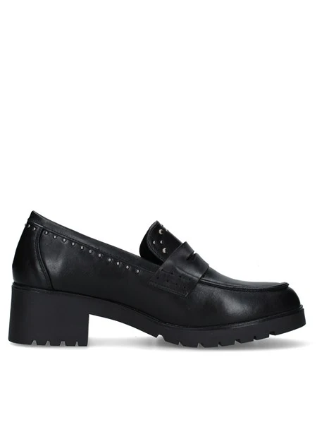 MOCASSINI CON TACCO LARGO E BORCHIE DONNA NERO
