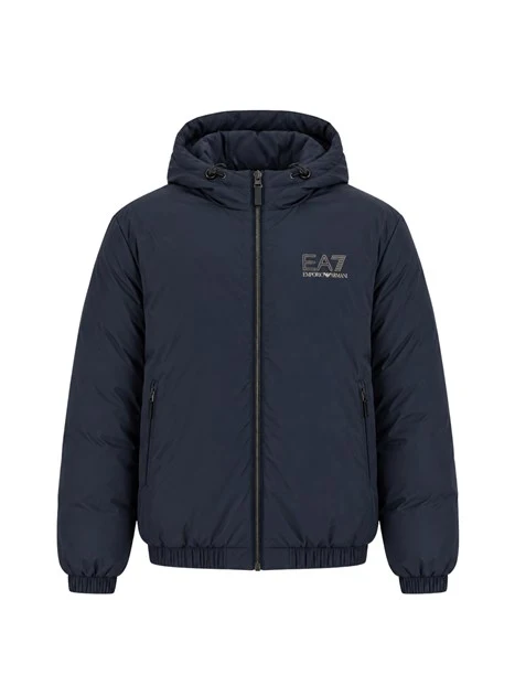 PIUMINO OVER CON CAPPUCCIO E LOGO UOMO BLU