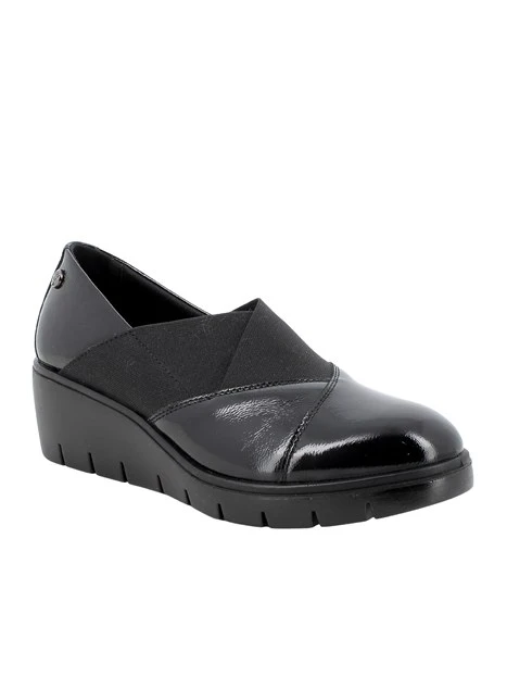 MOCASSINI IN PELLE VERNICIATA CON INSERTI ELASTICI DONNA NERO