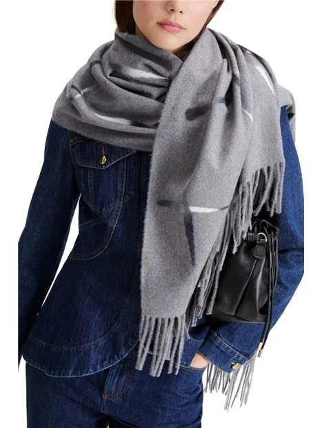 STOLA CON RICAMO GEOMETRICO E FRANGE DONNA GRIGIO