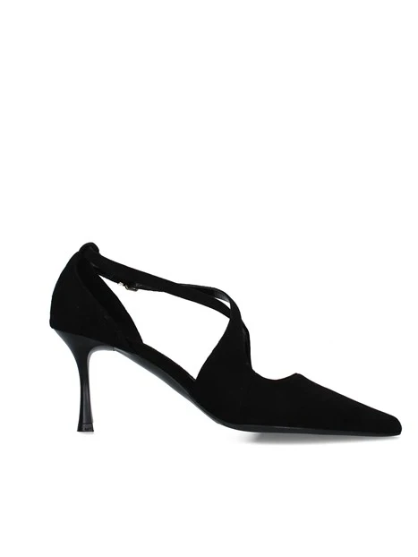 DÉCOLLETÉ IN PELLE SCAMOSCIATA CON CINTURINI INCROCIATI E TACCO 8 CM DONNA NERO