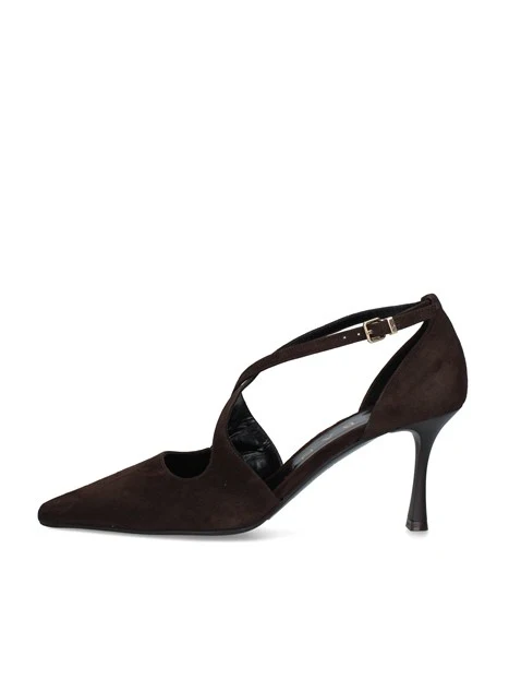 DÉCOLLETÉ IN PELLE SCAMOSCIATA CON CINTURINI INCROCIATI E TACCO 8 CM DONNA MARRONE