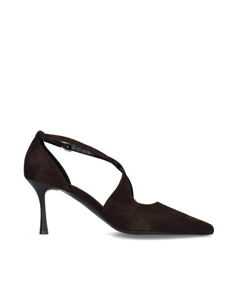 DÉCOLLETÉ IN PELLE SCAMOSCIATA CON CINTURINI INCROCIATI E TACCO 8 CM DONNA MARRONE