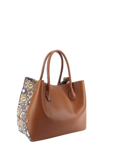 BORSA A MANO CON DOPPIO MANICO E PANNELLI FANTASIA DONNA MARRONE