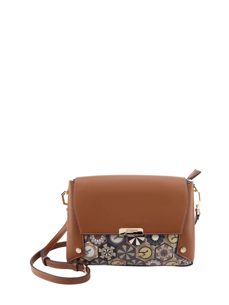 BORSA A TRACOLLA CON PATTA E STAMPA GEOMETRICA DONNA MARRONE