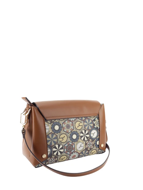 BORSA A TRACOLLA CON PATTA E STAMPA GEOMETRICA DONNA MARRONE