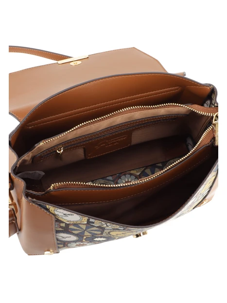 BORSA A TRACOLLA CON PATTA E STAMPA GEOMETRICA DONNA MARRONE