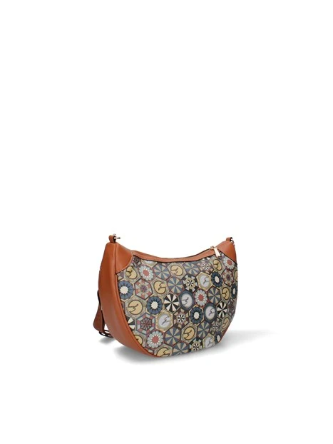 BORSA A SPALLA HOBO GRANDE CON STAMPA GEOMETRICA E TRACOLLA LOGATA DONNA MARRONE