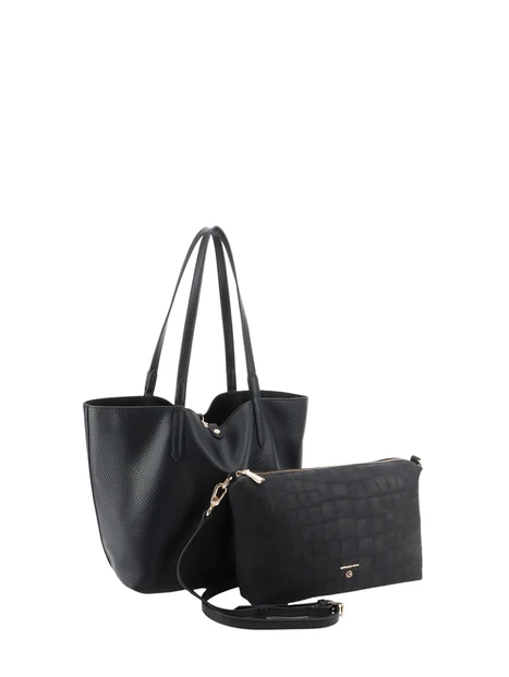 BORSA SHOPPING REVERSIBILE EFFETTO MARTELLATO E COCCODRILLO CON POCHETTE DONNA NERO