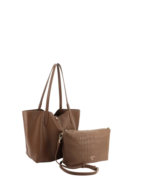 BORSA SHOPPING REVERSIBILE EFFETTO MARTELLATO E COCCODRILLO CON POCHETTE DONNA MARRONE