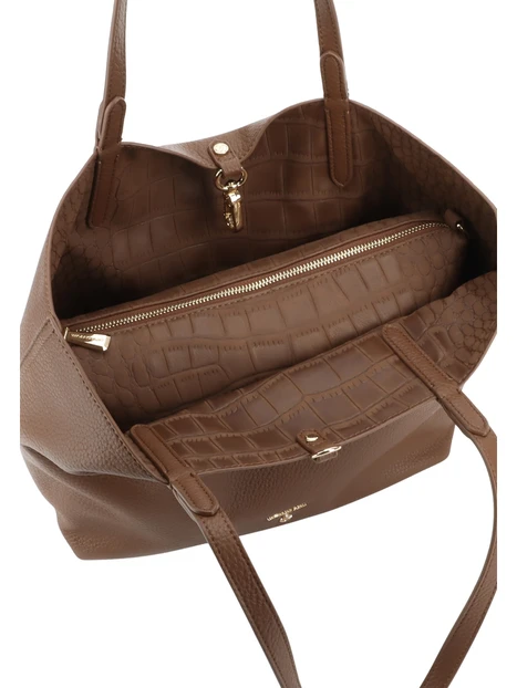 BORSA SHOPPING REVERSIBILE EFFETTO MARTELLATO E COCCODRILLO CON POCHETTE DONNA MARRONE