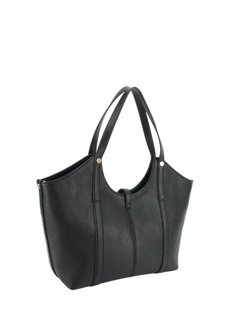 BORSA SHOPPING EFFETTO MARTELLATO CON DOPPI MANICI E TRACOLLA DONNA NERO