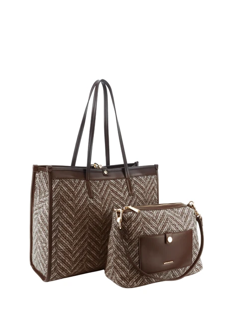 BORSA SHOPPING IN TESSUTO SPIGATO CON POCHETTE E TRACOLLA DONNA MARRONE