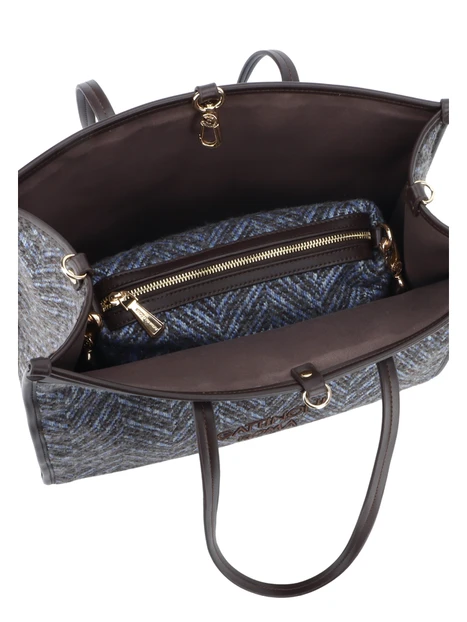 BORSA SHOPPING IN TESSUTO SPIGATO CON POCHETTE E TRACOLLA DONNA MARRONE