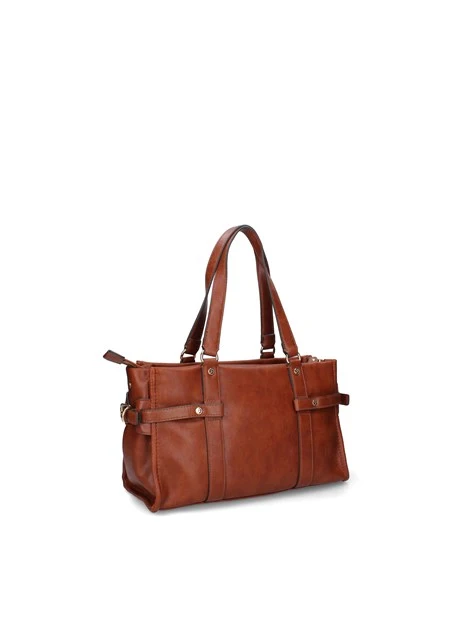 BORSA A SPALLA CON FIBBIE METALLICHE DONNA MARRONE