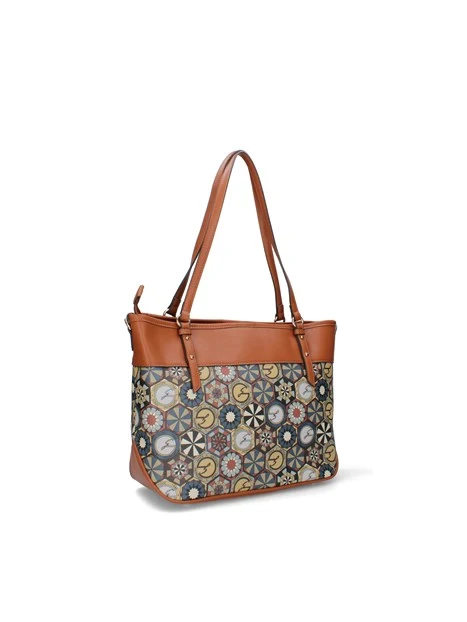 BORSA SHOPPING FANTASIA GEOMETRICA DONNA MARRONE