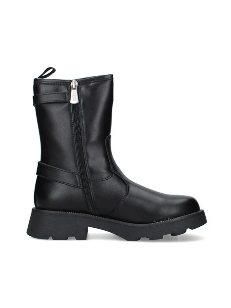 STIVALETTI TACCO BASSO BIKER CON DOPPIA FIBBIA E SUOLA CARRARMATO DONNA NERO