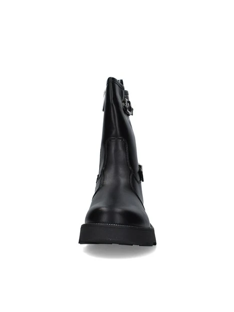 STIVALETTI TACCO BASSO BIKER CON DOPPIA FIBBIA E SUOLA CARRARMATO DONNA NERO