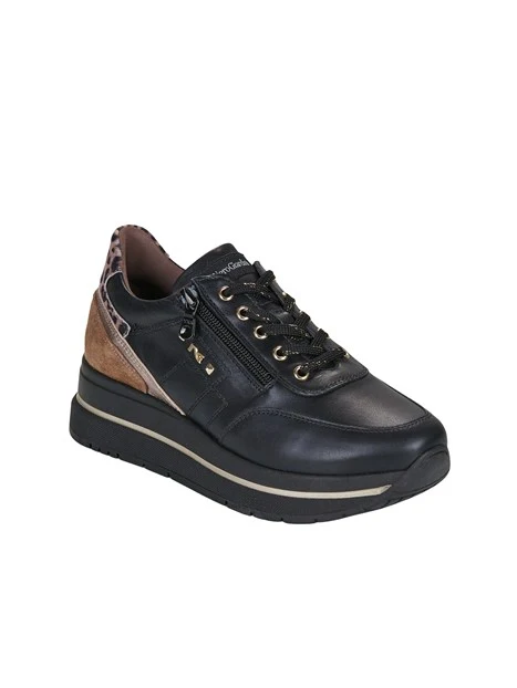 SNEAKERS PLATFORM IN PELLE E CAMOSCIO CON LACCI E ZIP DONNA NERA
