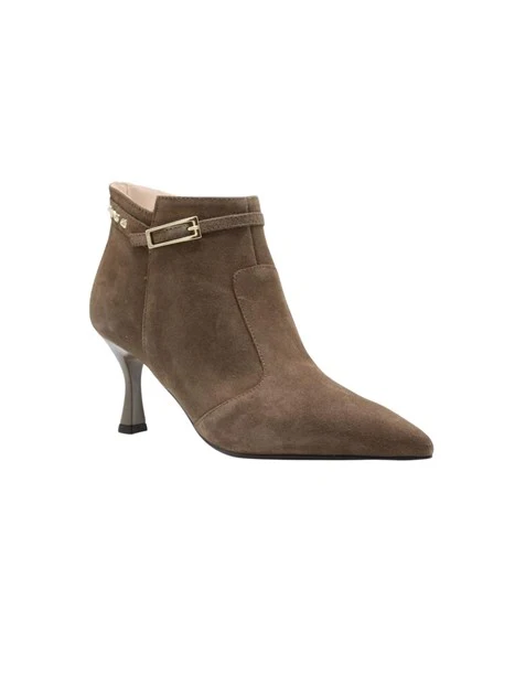 STIVALETTI TACCO ALTO A PUNTA IN CAMOSCIO CON CINTURINO DONNA BEIGE
