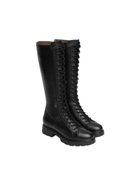 STIVALI A TACCO BASSO CON STRINGHE E ZIP DONNA NERO