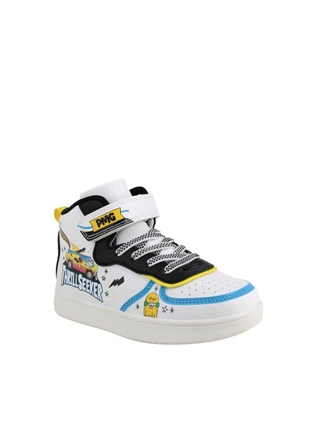 SNEAKERS ALTE CON STRAP E STAMPA AUTO BAMBINO BIANCO