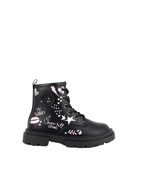 ANFIBI CON LACCI E STAMPE LOVE BAMBINA NERO