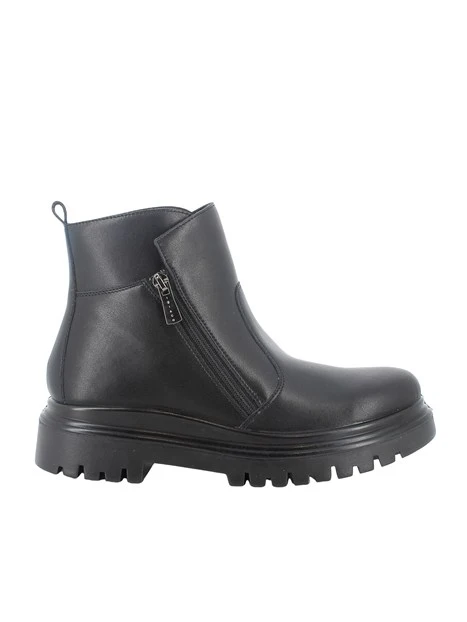 STIVALETTI TACCO BASSO IN PELLE E ZIP DONNA NERO