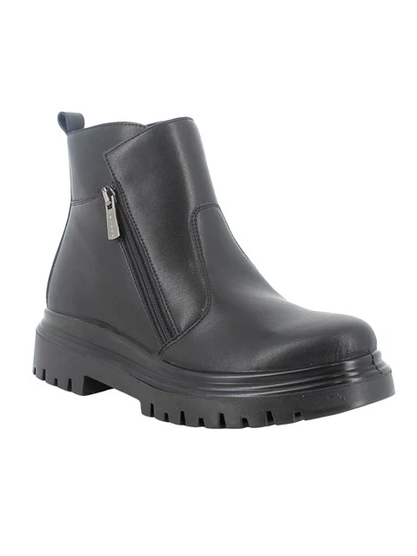 STIVALETTI TACCO BASSO IN PELLE E ZIP DONNA NERO