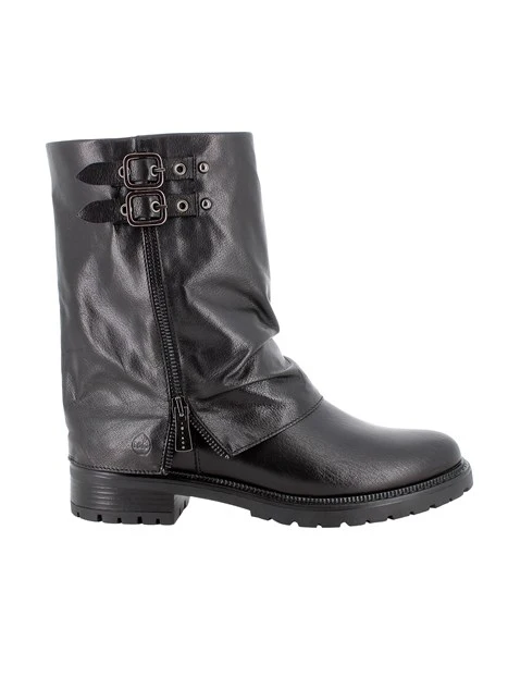 STIVALETTI TACCO BASSO IN PELLE CON FIBBIE DONNA NERO
