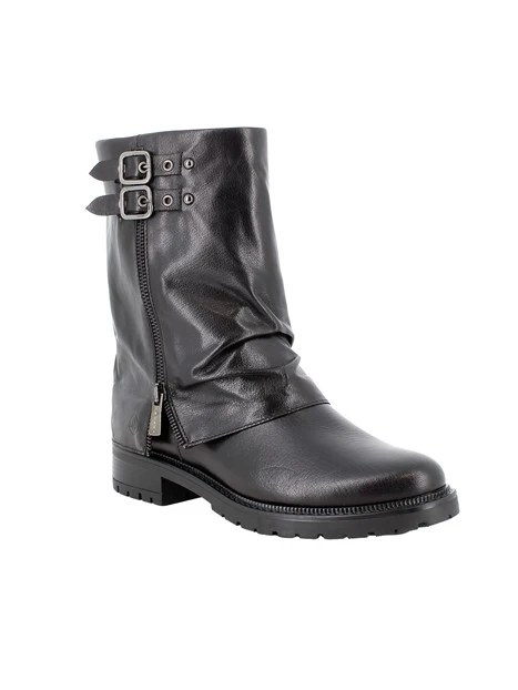 STIVALETTI TACCO BASSO IN PELLE CON FIBBIE DONNA NERO